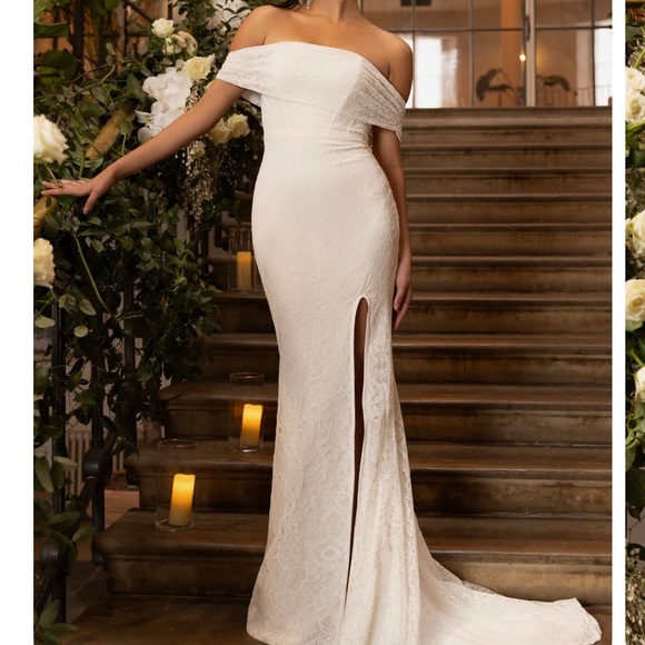 White Off-shoulder Floor length Bridal Dress w/ slit